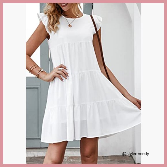 Sleeveless Ruffle Sleeve Babydoll Mini Dress with Button Closure - Picture 3 of 7